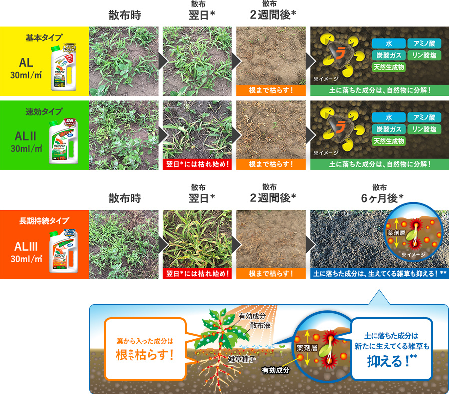 除草剤ラウンドアップマックスロードALシリーズの特長比較図