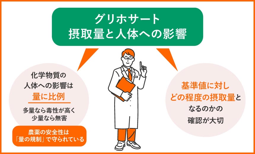 グリホサート摂取量と人体への影響 化学物質の人体への影響は量に比例 多量なら毒性が高く少量なら無害 農薬の安全性は「量の規制」で守られている 基準値に対しどの程度の摂取量となるのかの確認が大切